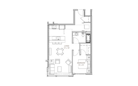 Floor plan for 1 bed, 1 bath, 764 sqft